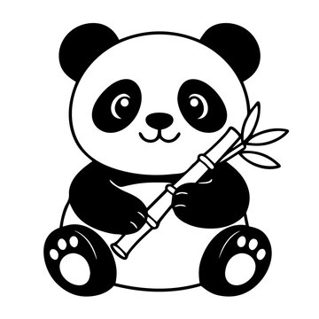 Cute panda cartoon holding bamboo black and white outline vector