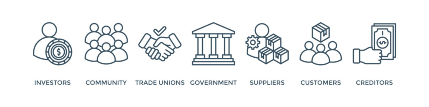 Stakeholder banner web icon vector illustration concept for stakeholder, investor, government, and creditors with icon of community, trade unions, suppliers, and customers