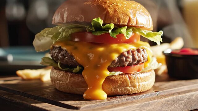 Juicy cheeseburger with lettuce, tomato on a wooden board, fries and sauce in the background