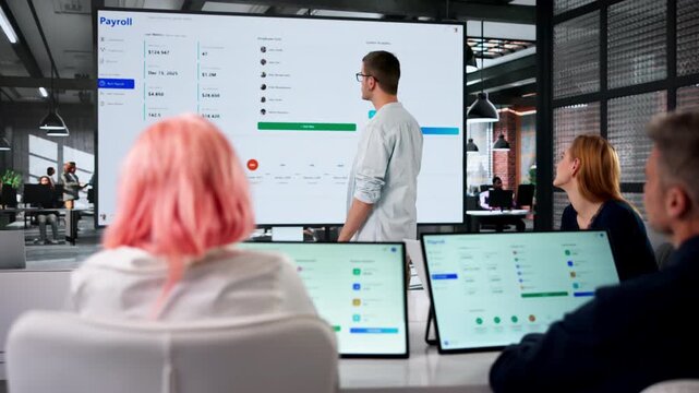 Human Resources Manager Explains Payroll Software Integration During Team
