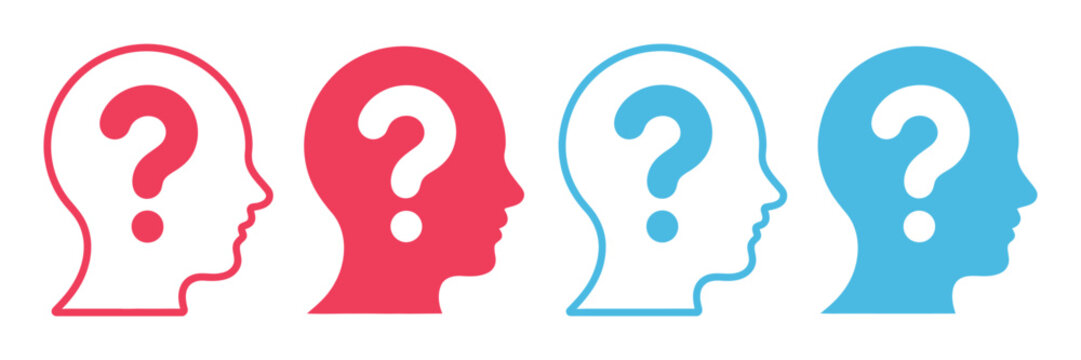 Question head profile icon set with human silhouette and question mark, thinking doubt and problem solving concept, modern flat vector illustration