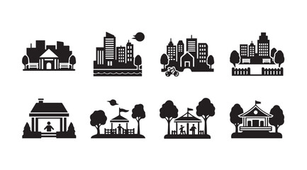 Naklejka premium Cityscape and residential building icons with park scenes during daytime