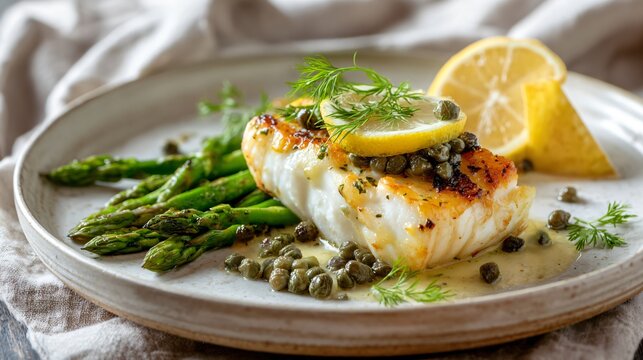 Baked halibut with lemon caper sauce plated elegantly under soft daylight