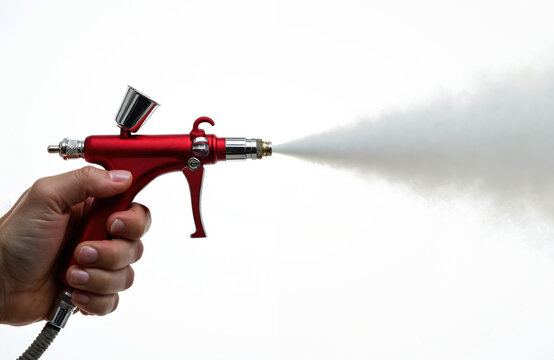 Hand holds red airbrush tool spraying mist. Professional equipment for detailed paint application, art creation, or hobbyist projects. Clean white background.