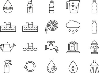 Comprehensive collection of water and hydration line icons featuring bottles, swimming pools, faucets, rain clouds, and plumbing symbols for environmental projects and health design concepts. © HridayChandra