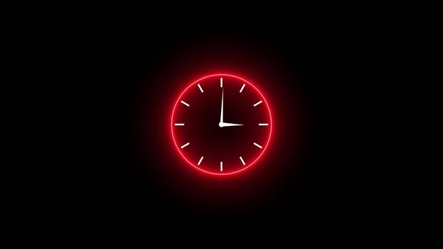 A glowing red clock face with hands pointing to approximately ten after twelve