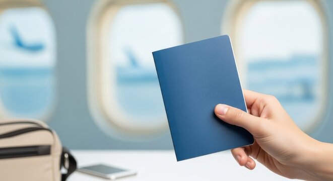 Hand holding blue passport inside airplane cabin near window