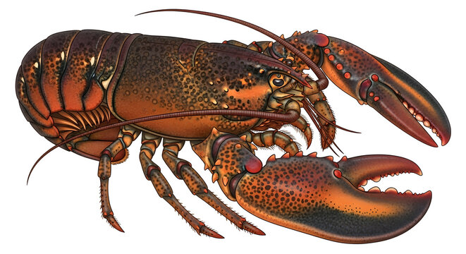 Detailed biological drawing of a large lobster showing its textured shell and powerful claws on a white background