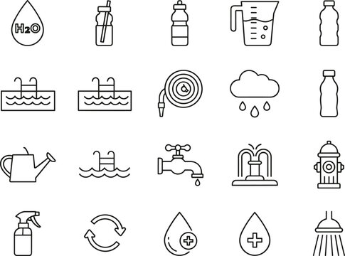 Comprehensive collection of water and hydration line icons featuring bottles, swimming pools, faucets, rain clouds, and plumbing symbols for environmental projects and health design concepts.