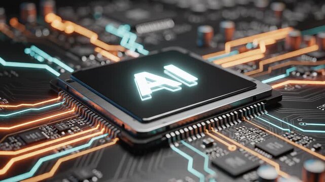 AI chip on circuit board for corporate presentations, business marketing, and commercial use