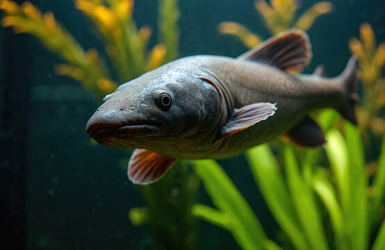 Australian lungfish swims underwater near aquatic plants. Ancient fish species lives in zoo aquarium habitat. Unique creature shows its fins and scales detail.