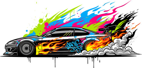 Speedy Race Car Icon Set Featuring Colorful Flames, Graffiti, and Smoke for Motorsports, Street Racing, and Car Design Illustrations © MstJuli