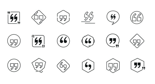 Variety of black and white quotation mark icons presented in different geometric shapes and styles for diverse graphic design projects.