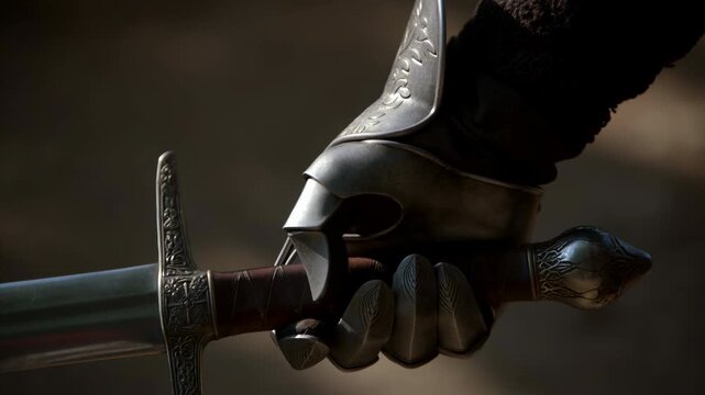 Knight Ready Fight. Intimate View Of Armored Soldier Wielding Sword In Dimly Lit Battlefield Setting