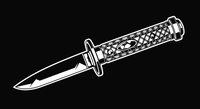 Detailed illustration of a tactical knife or dagger with a textured handle and a sharp blade on a solid black background.