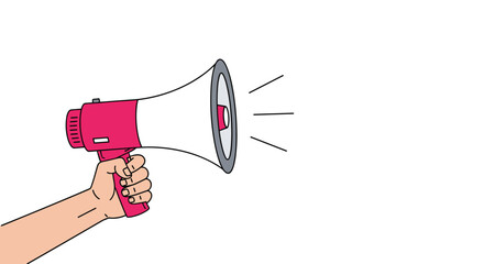 Naklejka premium Hand holding a red and white megaphone or bullhorn with sound lines, representing announcements, marketing, or public speaking.