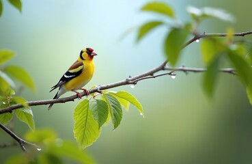 Obraz premium European goldfinch bird rests on a branch with green leaves. Water drops cling to twigs, creating a fresh spring atmosphere. Soft background bokeh, natural lighting.