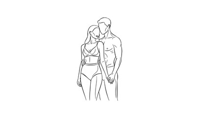 Obraz premium Black and white romantic couple vector with stylish female in bra and elegant intimate pose