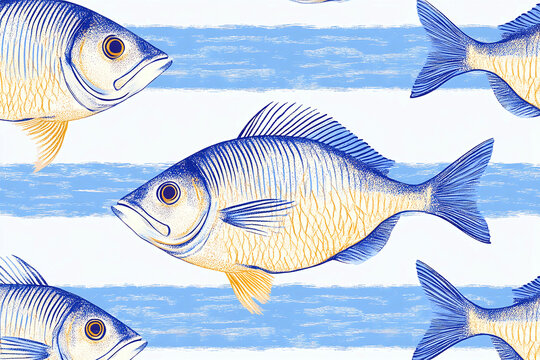 vintage style pattern with detailed bream fish illustration in blue and warm golden tones on textured striped background nautical seafood theme perfect for packaging textile kitchen decor and