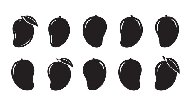 Collection of dark mango fruit silhouettes with leaves on white background
