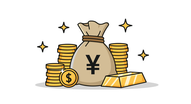 Financial wealth and savings represented by a large sack of yen currency alongside several gold bars and stacks of golden coins.