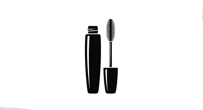 Black and white silhouette icon of a makeup mascara container and its application brush on a plain light background for beauty.