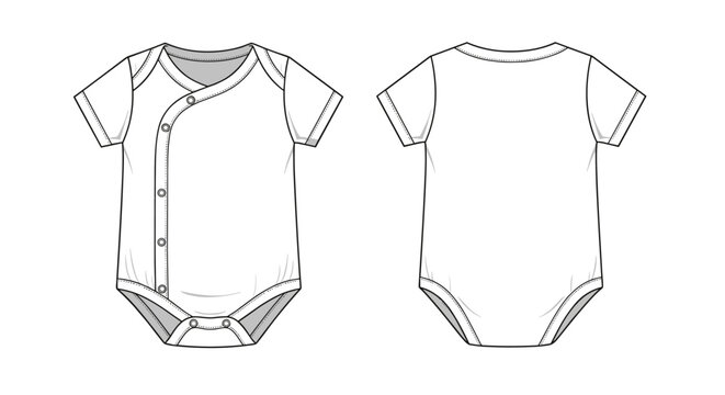 Flat fashion technical sketch of a baby onesie showing front and back views with snap button details for manufacture.