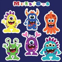 Obraz premium Cute cartoon monster stickers set, colorful funny characters, kids clipart collection, flat design