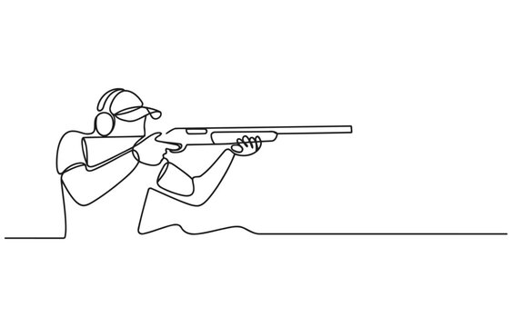 Single line drawing of a person aiming a shotgun with clay pigeon trap shooting line art continuous shooting outdoors activity recreation competition training practice ammunition