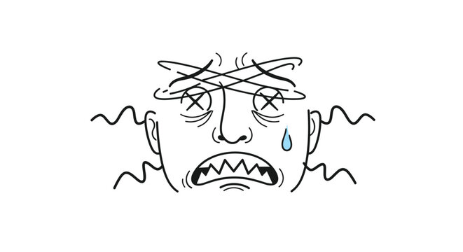Dazed cartoon face with crossed eyes and wavy lines representing dizziness, sickness, or feeling unwell with a headache.