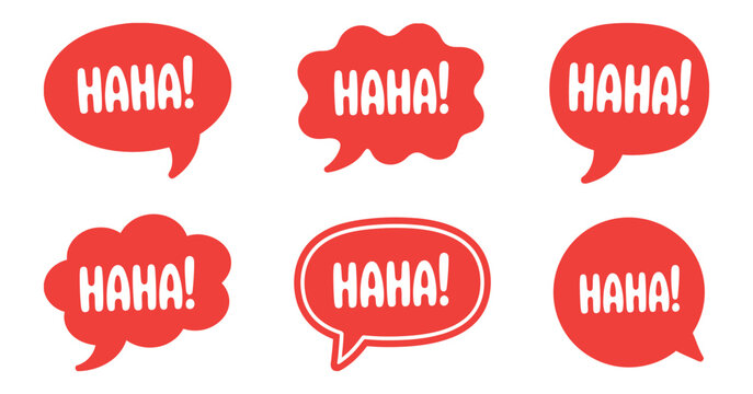Red haha comic speech bubble set, funny laughter chat balloons, pop art style message icons vector illustration, isolated design, expressive social media reaction symbols, modern comic communication e