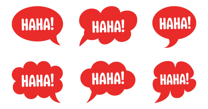 Red haha comic speech bubble set, funny laughter chat balloons, pop art style message icons vector illustration, isolated design, expressive social media reaction symbols, modern comic communication e