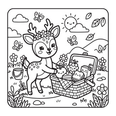 Fototapeta premium Fawn Picnic Basket Coloring Page for Kids Cute Kawaii Simple Bold Outline Fun Art