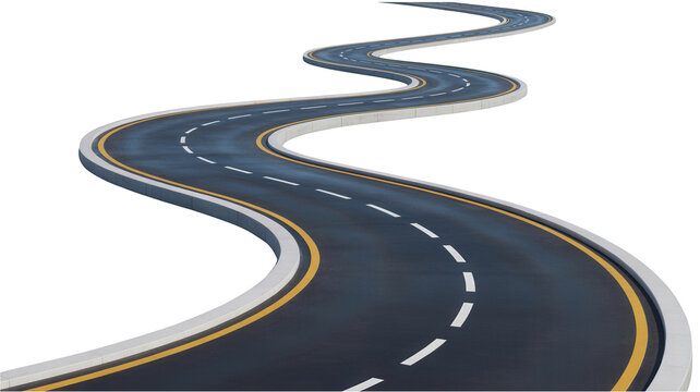 a 3d rendered winding two-lane road with dashed white lines and yellow borders isolated on transparent background