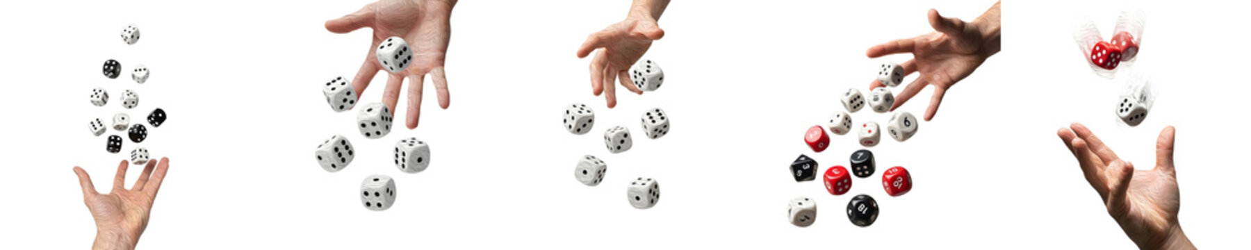 Hand throwing and catching falling dice set isolated on white background, realistic 3D gaming cubes for gambling, board games, luck, and risk concepts, high quality illustration set.