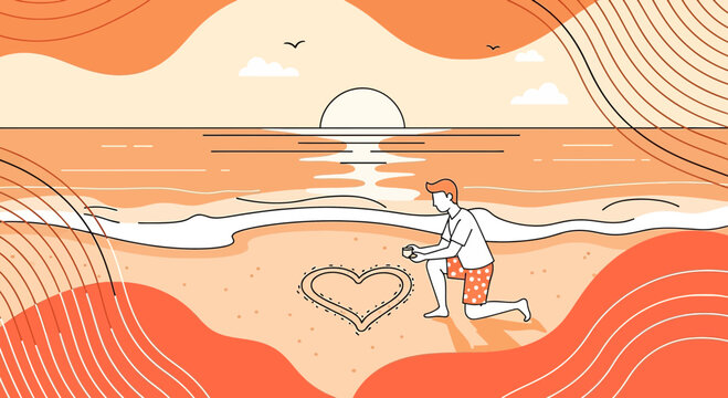 Man drawing heart on beach at sunset, romantic proposal, love, commitment