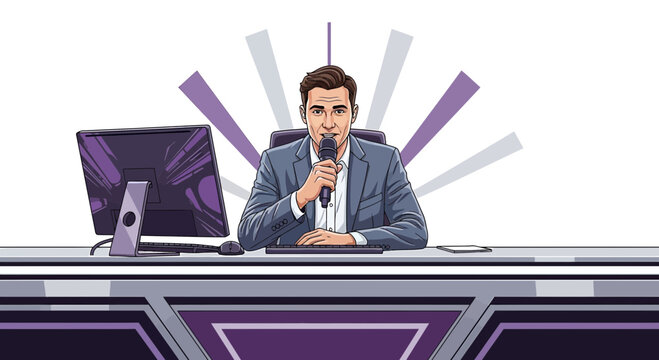 Man Hosting a Show Cartoon Illustration with Modern Tech on Stage at Desk