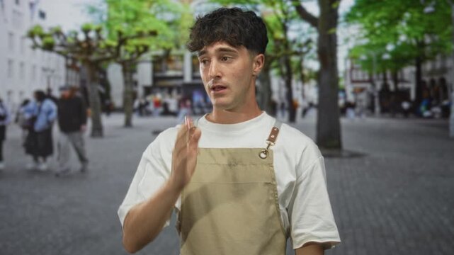 Man clapping hands in a busy city street plaza wearing beige apron and white tee with a slight embarrassed smile near trees and passersby; apologetic hesitation.
