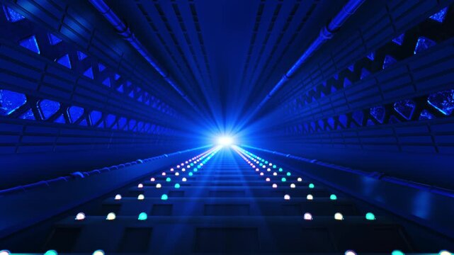 High speed futuristic tunnel glowing lights leading toward vanishing point. Represents rapid data transfer, , innovation pathways, sci fi environments strong perspective depth immersive motion visuals