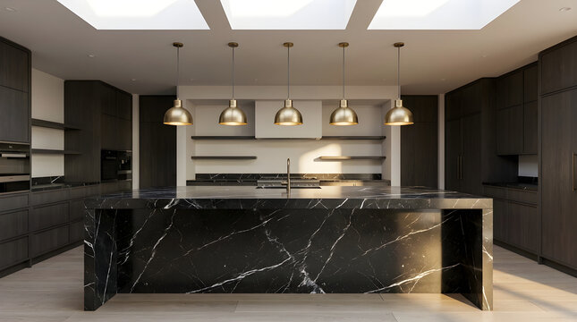 Modern kitchen interior with black marble island
