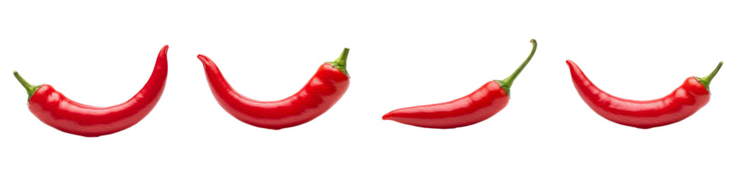 Red hot chili peppers isolated on white background, fresh spicy cayenne or organic jalape&ntilde;o vegetable set for cooking, mexican food, and healthy nutrition concepts, realistic set.