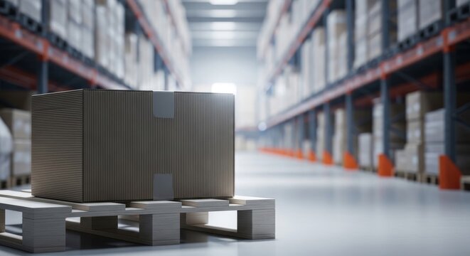 Cardboard box on a wooden pallet in a warehouse aisle