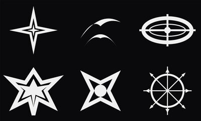Obraz premium Hand-drawn set of white Y2K streetwear and brutalist geometric emblem symbols on black background illustration