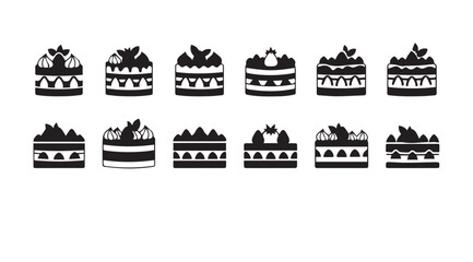 Naklejka premium Collection of various decorated layered cakes in silhouette on a white background