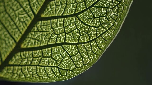 Close-up of a green leaf showing intricate vein patterns illuminated by light, highlighting the texture and details of the leaf structure against a dark background