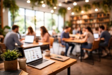 blurred abstract background coworking space office people working laptops cafe environment modern library indoor bokeh lights creative workspace