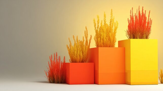 Stepped arrangement of colorful rectangular planters holding vibrant ornamental grasses against a bright background