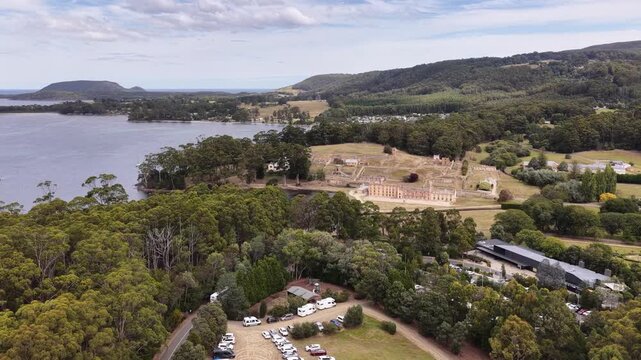 Aerial scenic panorama of Port Arthur historic jail penitentiary site in Tasmania.