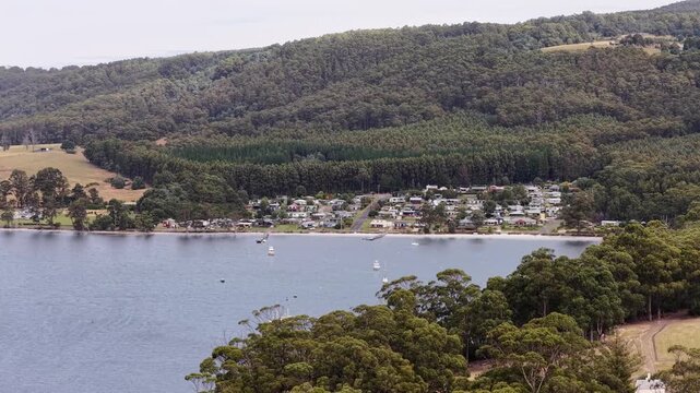 Beach Isle of the Dead at Port Arthur in Tasmania, Australia &ndash; scenic aerial panorama.