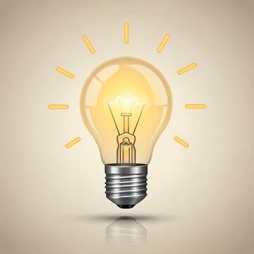 A glowing, realistic illustration of a light bulb against a neutral backdrop, radiating bright, yellow-orange light